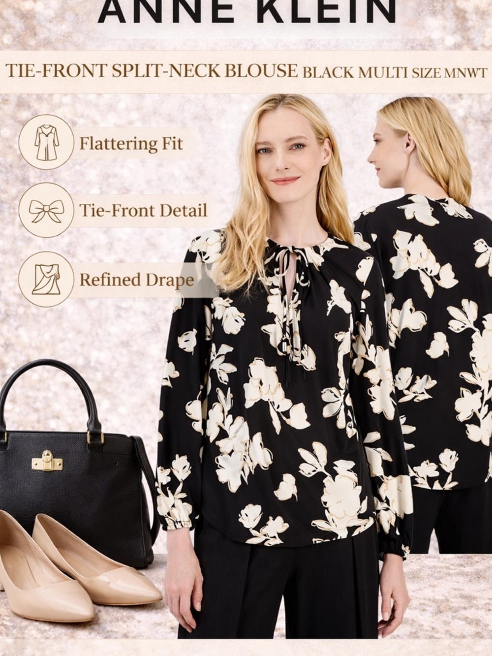Anne Klein Tie-Front Split-Neck Blouse Black Multi Floral Size M NWT
